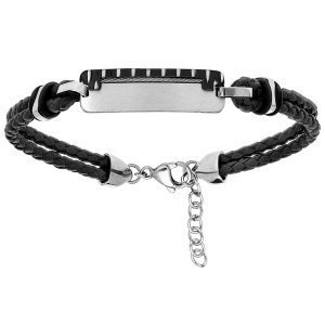 BRACELET ACIER ET CUIR BOVIN DOUBLE RANG NOIR PLAQUE AVEC CABLE ET PIERRES SYNTHETIQUE NOIRES 19+3CM