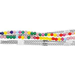 BRACELET ACIER DOUBLE RANG PIERRES SYNTHETIQUE MULTI COULEURS ET TRIPLE CHAINES PAMPILLE COEUR 17+2CM