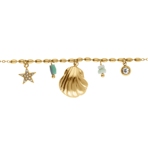 BRACELET ACIER DORÉ PAMPILLES COQUILLAGE, OXYDE BLANC SERTI CLOS ET ETOILE OXYDES 16+3CM