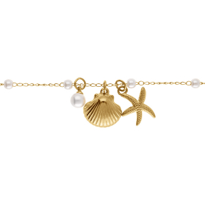 BRACELET ACIER DORÉ COQUILLAGE, ETOILE DE MER ET PERLES BLANCHES IMITATION   16+5.5CM