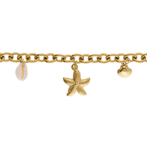 BRACELET ACIER DORÉ COQUILLAGE, ETOILE DE MER  16+5.5CM