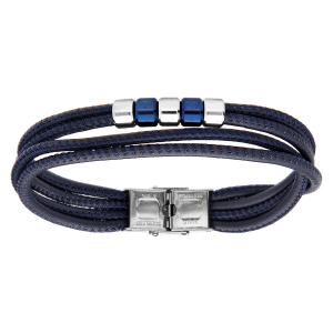 BRACELET ACIER ET CUIR BOVIN BLEU MULTI FILS MOTIF ACIER ET PVD BLEU 20,5CM RÉGLABLE