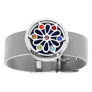 BRACELET SENTEUR ACIER MAILLE MILANAISE MÉDAILLON FLEUR DE VIE 7 CHAKRAS AVEC 12 MOUSSES INTERCHANGEABLES COULEURS ASSORTIES 21CM RÉGLABLE