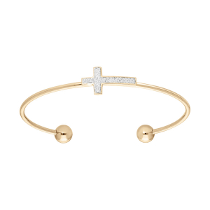 BRACELET ACIER ET PVD DORÉ JONC AVEC CROIX GLITTER BLANC