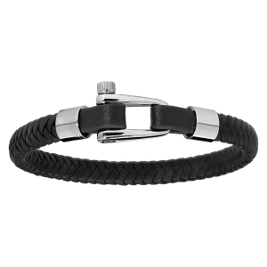 BRACELET ACIER ET CUIR BOVIN NOIR FERMOIR VISSÉ 20CM