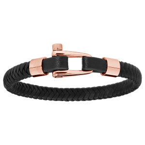 BRACELET ACIER ET CUIR BOVIN NOIR AVEC PVD ROSE FERMOIR VISSÉ 20CM