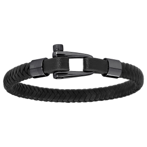 BRACELET ACIER ET CUIR BOVIN NOIR  AVEC PVD NOIR MAT FERMOIR VISSÉ 20CM
