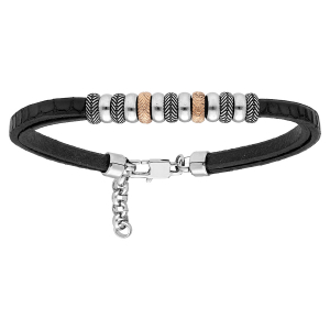 BRACELET ACIER ET CUIR DOUBLE BOVIN NOIR RONDELLES ACIER ET PVD ROSE 21+2CM