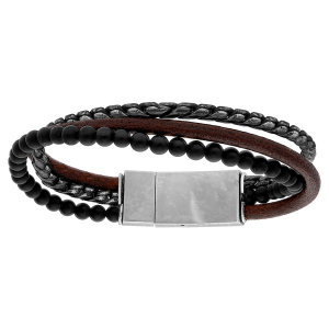 BRACELET ACIER ET CUIR BOVIN MARRON AVEC CHAINAGE ET PIERRES AGATE NOIRE 20,5CM