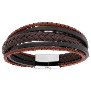 BRACELET ACIER ET CUIR BOVIN MULTIFILS MARRON ET NOIR 20CM + 1CM DOUBLE FERMOIR