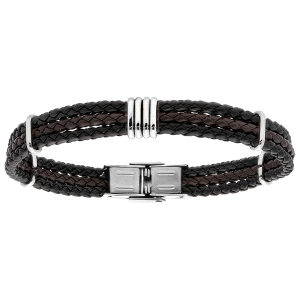 BRACELET ACIER ET TRESSE PU NOIR ET MARRON 20CM RÉGLABLE