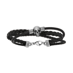 BRACELET ACIER CORDON CUIR BOVIN NOIR ET TRESSES PU TETE DE MORT 21CM