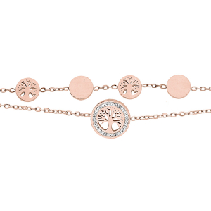 BRACELET ACIER ET PVD ROSE 2 RANGS PASTILLES AVEC ARBRE DE VIE 17+3CM