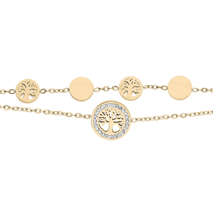 BRACELET ACIER ET PVD DORÉ 2 RANGS PASTILLES AVEC ARBRE DE VIE 17+3CM