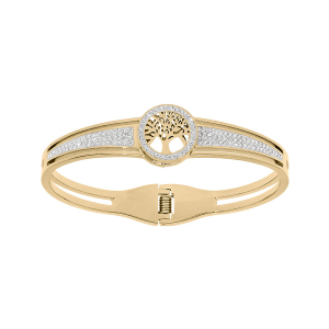 BRACELET ACIER ET PVD DORÉ RIGIDE ARTICULÉ ARBRE DE VIE AVEC RÉSINE ET STRASS DIAM 58MM