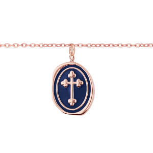 BRACELET ACIER ET PVD ROSE AVEC PAMPILLE CROIX RÉSINE BLEU NUIT 16+3CM
