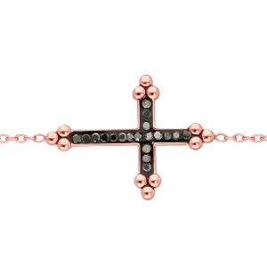 BRACELET ACIER ET PVD ROSE CROIX RÉSINE NOIR ET PIERRES NOIRES SYNTHETIQUE 16+3CM