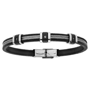 BRACELET ACIER ET CUIR AVEC 2 CABLES GRIS ET 3 OXYDES BLANCS 20CM