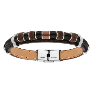 BRACELET ACIER ET CUIR MARRON ET DOUBLE CORDON NOIR MOTIF  BOIS NATUREL 21CM