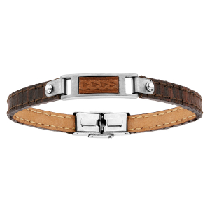 BRACELET ACIER ET CUIR BOVIN MARRON PLAQUE IDD BOIS NATUREL 21CM RÉGLABLE