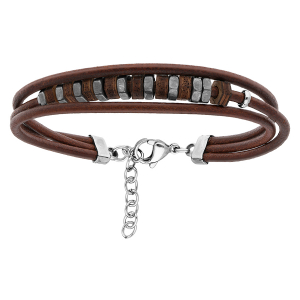 BRACELET ACIER ET CUIR MARRON 3 FILS MARRON 18+3CM