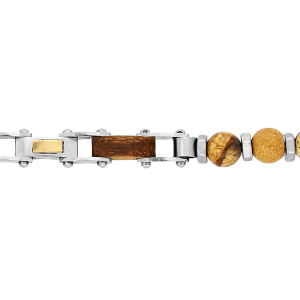 BRACELET ACIER BOIS CLAIR NATUREL ET BOULES RYOLITE  18+3CM