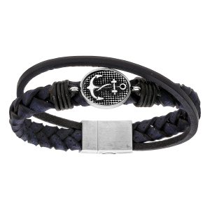 BRACELET ACIER ET CUIR BOVIN TRESSE BLEU AVEC ANCRE MARINE PATINÉE  22CM FERMOIR AIMANTE