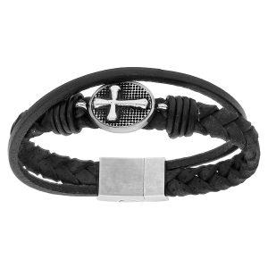 BRACELET ACIER ET CUIR BOVIN TRESSE NOIR AVEC CROIX PATINÉE  22CM FERMOIR AIMANTE