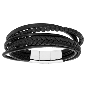 BRACELET ACIER ET CUIR BOVIN NOIR MULTIFILS ET BOULES PIERRE DE LAVE 20CM + 1CM DOUBLE FERMOIR