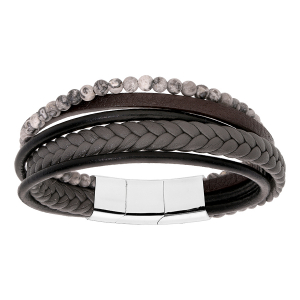 BRACELET ACIER ET CUIR BOVIN MARRON NOIR ET GRIS MULTIFILS ET BOULES GRISES 20CM + 1CM DOUBLE FERMOIR