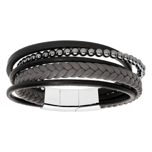 BRACELET ACIER ET CUIR BOVIN NOIR ET GRIS MULTIFILS ET BOULES 20CM + 1CM DOUBLE FERMOIR