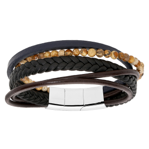 BRACELET ACIER ET CUIR BOVIN NOIR MULTIFILS ET BOULES BOIS 20CM + 1CM DOUBLE FERMOIR