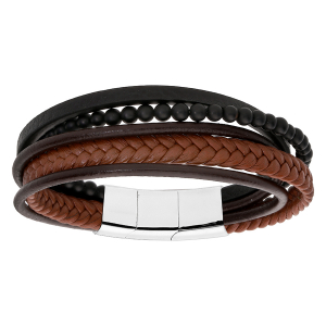 BRACELET ACIER ET CUIR BOVIN MARRON ET NOIR MULTIFILS ET BOULES NOIRES 20CM + 1CM DOUBLE FERMOIR
