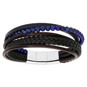BRACELET ACIER ET CUIR BOVIN NOIR MULTIFILS ET BOULES BLEUES 20CM + 1CM DOUBLE FERMOIR