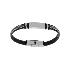 BRACELET JUNIOR ACIER ET CUIR BOVIN NOIR CORDON BLEU 16CM RÉGLABLE A GRAVER