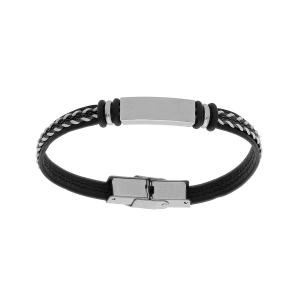 BRACELET JUNIOR ACIER ET CUIR BOVIN NOIR 16CM RÉGLABLE A GRAVER
