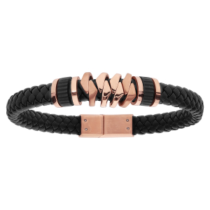 BRACELET ACIER ET CUIR BOVIN NOIR DORURE ROSE 20,5CM
