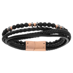 BRACELET ACIER ET PVD ROSE MULTI FILS CUIR BOVIN NOIR ET BOULES PIERRE DE LAVE 20,5CM