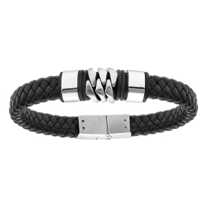 BRACELET ACIER ET CUIR TRESSE BOVIN NOIR 20,5CM