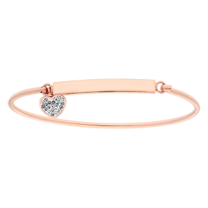 BRACELET ACIER ET PVD ROSE SEMI RIGIDE PAMPILLE COEUR OXYDES BLANCS SERTIS DIAM 60MM