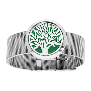 BRACELET SENTEUR ACIER MAILLE MILANAISE MEDAILLON ARBRE DE VIE 12 MOUSSES INTERCHANGEABLES COULEURS ASSORTIES  21CM RÉGLABLE