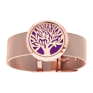 BRACELET SENTEUR ACIER ET PVD ROSE MAILLE MILANAISE MEDAILLON ARBRE DE VIE 12 MOUSSES INTERCHANGEABLES COULEURS ASSORTIES  21CM RÉGLABLE
