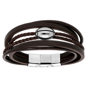 BRACELET ACIER ET CUIR BOVIN MARRON MULTIFILS AVEC BALLON DE RUGBY 20CM + 1CM DOUBLE FERMOIR