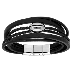 BRACELET ACIER ET CUIR BOVIN NOIR MULTIFILS AVEC BALLON DE RUGBY 20CM + 1CM DOUBLE FERMOIR