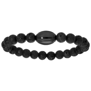 BRACELET ACIER ELASTIQUE PIERRE DE LAVE AVEC BALLON DE RUGBY PVD NOIR