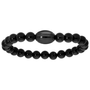 BRACELET ACIER ELASTIQUE BOULES ONYX AVEC BALLON DE RUGBY PVD NOIR