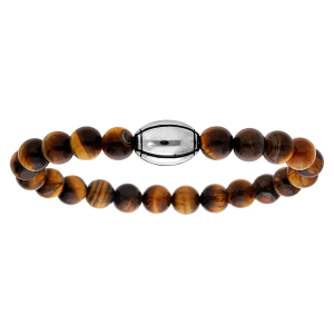 BRACELET ACIER ELASTIQUE BOULES OEIL DE TIGRE AVEC BALLON DE RUGBY