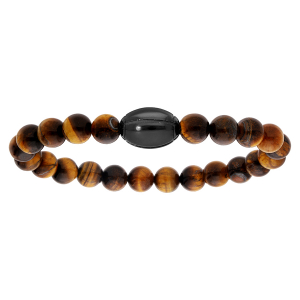 BRACELET ACIER ELASTIQUE BOULES OEIL DE TIGRE AVEC BALLON DE RUGBY PVD NOIR