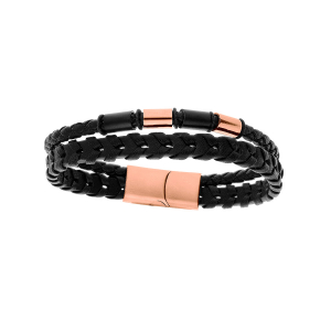 BRACELET ACIER ET CUIR BOVIN 2 RANGS TRESSE NOIRE ET PVD ROSE 20CM + 1CM DOUBLE FERMOIR