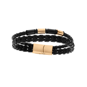 BRACELET ACIER ET CUIR 2 RANGS TRESSE NOIRE ET PVD DORÉ 20CM +1CM DOUBLE FERMOIR
